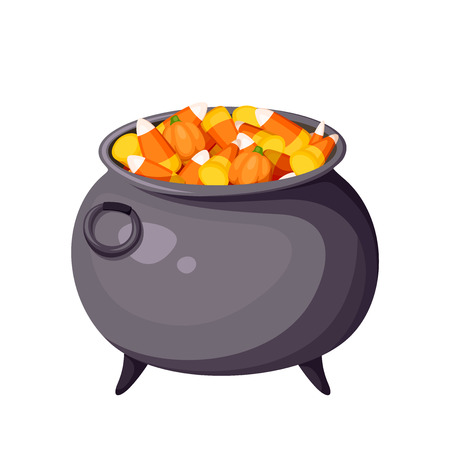 Halloween candy corn in black witches cauldron.のイラスト素材