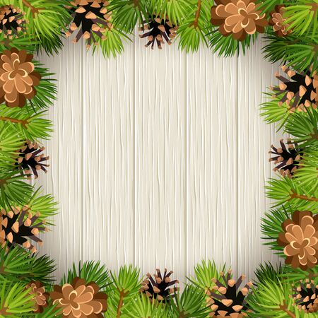 Vector frame with green fir tree branches and cones on a wooden background.のイラスト素材