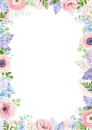 Vector background frame with pink, blue and purple flowers.のイラスト素材