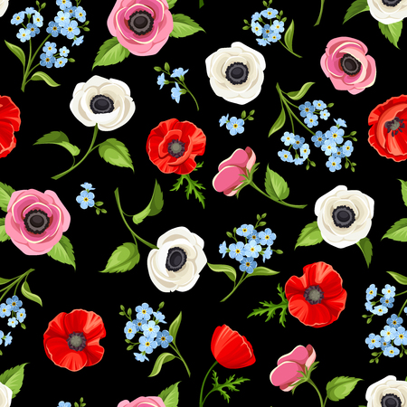Vector seamless pattern with red, blue and white flowers on a black background.のイラスト素材