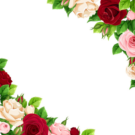 Vector corner background with pink, burgundy and white roses.のイラスト素材