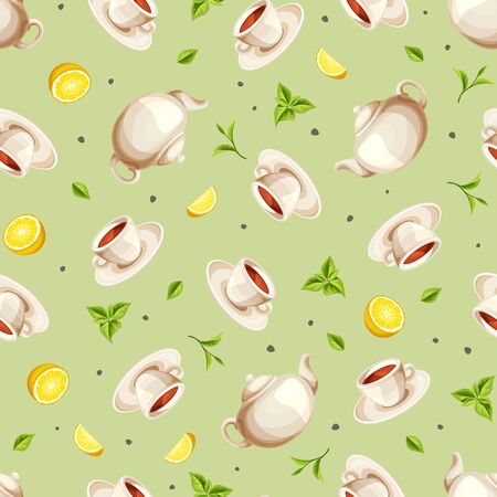 Vector seamless pattern with teapots, cups of tea, lemons and tea leaves on a green background.のイラスト素材