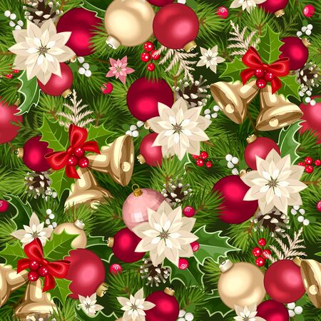 Vector Christmas seamless background with red, pink and gold decorations.のイラスト素材