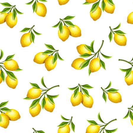 Vector seamless pattern with yellow lemon fruit branches on a white background.のイラスト素材
