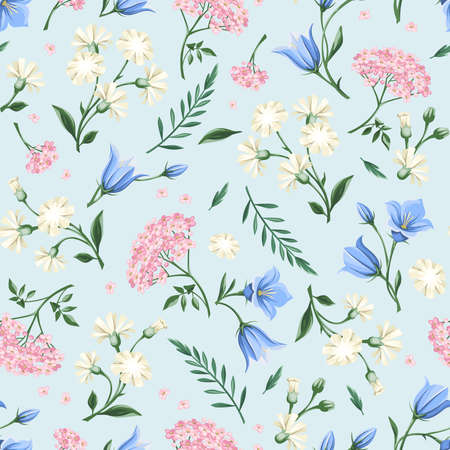 Vector floral seamless pattern with pink, white and blue flowers on a light blue background.