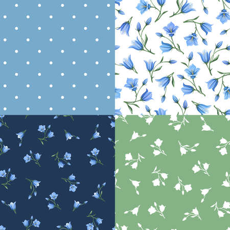 Set of four vector floral patterns with blue bluebell (campanula) flowers.のイラスト素材