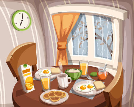 Vector interior of a kitchen or dining room with a breakfast on a table and a window with autumn rain outside.のイラスト素材