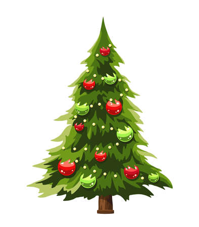 Vector Christmas tree decorated with red and green balls isolated on a white background.のイラスト素材