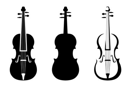 Set of three black silhouettes of violins isolated on a white background. Vector illustration.のイラスト素材