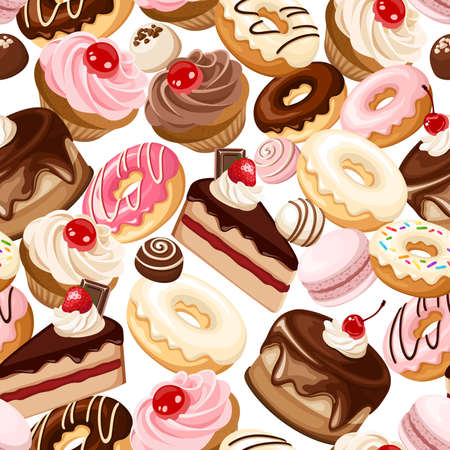 Vector seamless pattern with various cakes, cupcakes, macaroons, donuts, candies and other sweets on a white background.のイラスト素材