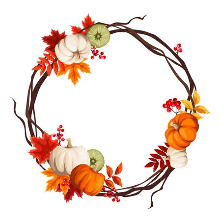 Autumn wreath border with pumpkins, colorful autumn leaves, and rowanberries. Vector greeting card or background frame.のイラスト素材