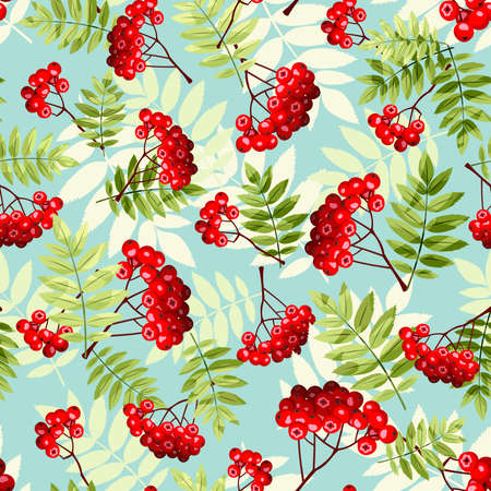 Vector autumn seamless pattern with rowan branches on a blue background.のイラスト素材