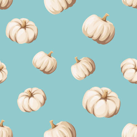 Vector autumn seamless pattern with white pumpkins on a blue background.のイラスト素材