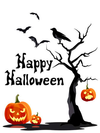 Halloween background with Jack-Oâ-Lanterns, an old tree, a raven, and bats. Vector greeting or invitation card design.のイラスト素材