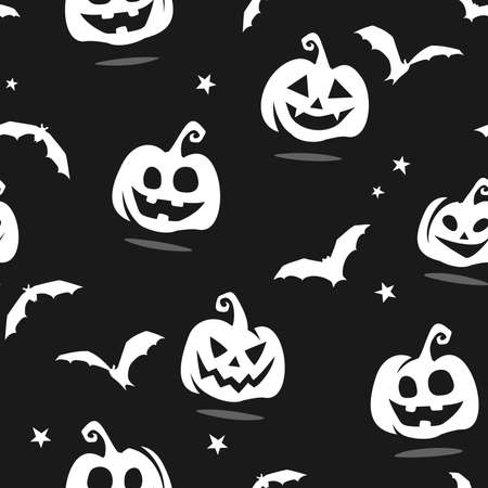 Vector Halloween black and white seamless pattern with jack-o-lanterns (Halloween pumpkins), bats, and stars.のイラスト素材