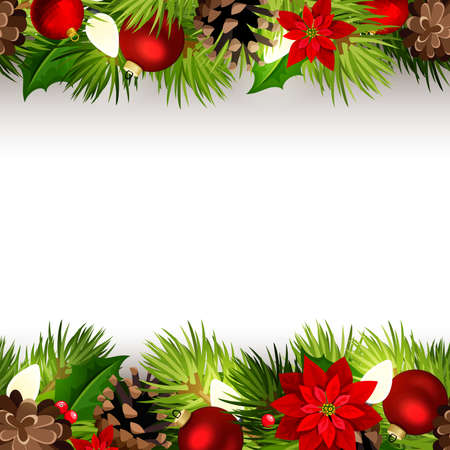 Vector Christmas horizontal seamless background with fir branches, red balls, pine cones, poinsettia flowers, and lamps. Greeting or invitation card.のイラスト素材