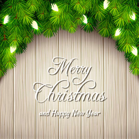 Vector Christmas greeting or invitation card with green fir branches and shining Christmas lights on a wooden background.のイラスト素材