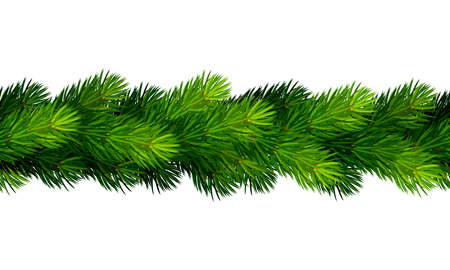 Vector horizontal seamless border with green fir branches on white.のイラスト素材