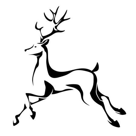 Vector black and white running reindeer silhouette isolated on a white background. Christmas symbol.のイラスト素材