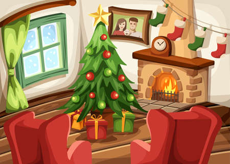Vector cartoon Christmas living room interior with a fir-tree, a fireplace, armchairs, and snowfall outside the window.のイラスト素材