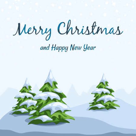 Vector Christmas or invitation card with winter landscape with fir trees.のイラスト素材
