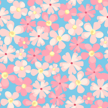 Vector seamless floral pattern with pink flowers on a blue background.のイラスト素材