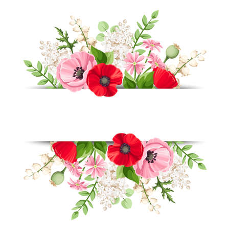 Vector banner with red, pink, and white poppy, lilac, and lily of the valley flowersのイラスト素材