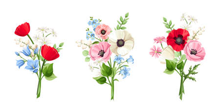 Set of bouquets of red, pink, blue, and white poppy, forget-me-not, bluebell, and lily of the valley flowers isolated on a white background. Vector illustrationのイラスト素材