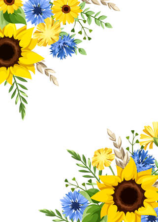 Vector greeting or invitation card design with yellow sunflowers, dandelion flowers, blue cornflowers, ears of wheat, and green leavesのイラスト素材