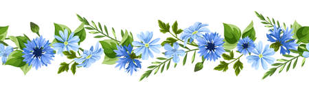 Horizontal seamless border with blue flowers and green leaves. Vector floral garlandのイラスト素材