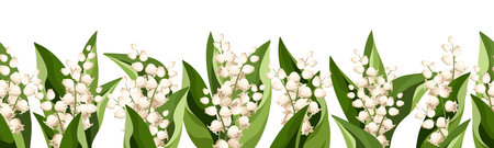 Horizontal seamless border with lily of the valley flowers and leaves. Vector illustrationのイラスト素材