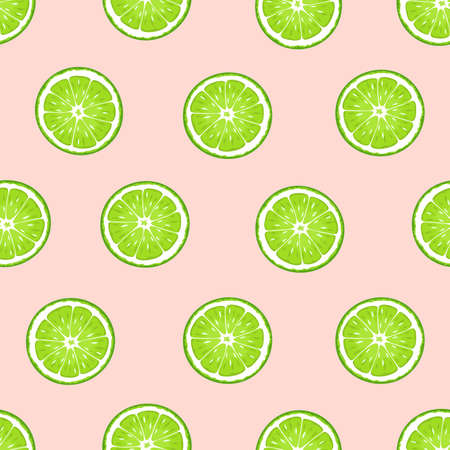 Seamless pattern with green lime fruit on a pink background. Vector illustrationのイラスト素材
