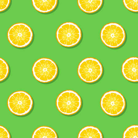 Seamless pattern with yellow lemon fruit on a green background. Vector illustration