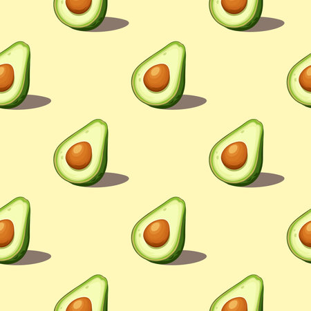 Seamless pattern with avocado fruit on a yellow background. Vector illustrationのイラスト素材