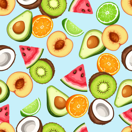 Seamless pattern with various fruits (peach, watermelon, orange, avocado, lime, coconut, and kiwi)...