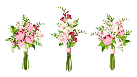 Bouquets of pink and white tulip flowers, freesia flowers, and cherry blossoms isolated on a white background. Set of vector illustrationsのイラスト素材