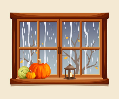 Autumn window with rain outside and pumpkins on a windowsill. Cartoon vector illustrationのイラスト素材