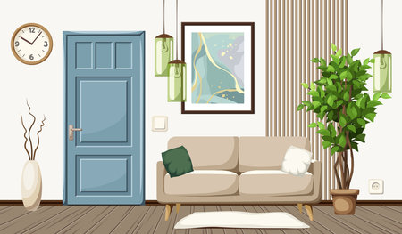 Modern room interior with a sofa, an abstract painting, a blue door, a big ficus tree, and green lamps. Foyer interior design. Cartoon vector illustrationのイラスト素材