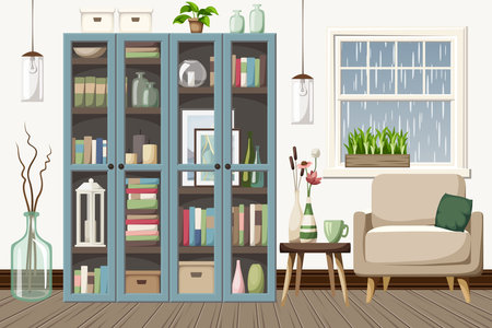 Room interior with blue bookcases, an armchair, and rain outside the window. Scandinavian interior design. Cartoon vector illustrationのイラスト素材