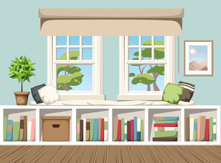Room interior design with a window seat and a bookshelf under the windows. Cozy home interior design. Cartoon vector illustrationのイラスト素材