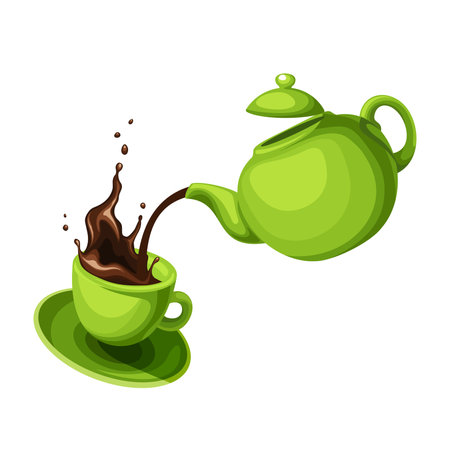 Teapot and a cup of tea. Green teapot pouring tea into a green cup. Vector illustration isolated on a white backgroundのイラスト素材