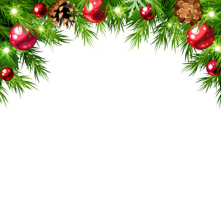 Christmas background frame with green fir branches, red balls, pine cones, and Christmas lights. Season greetings background. Greeting or invitation card design. Vector illustratioのイラスト素材