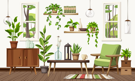 Cozy living room interior with an armchair, a dresser, two windows, and plenty of houseplants. Scandinavian interior design. Urban jungle interior. Cartoon vector illustrationのイラスト素材