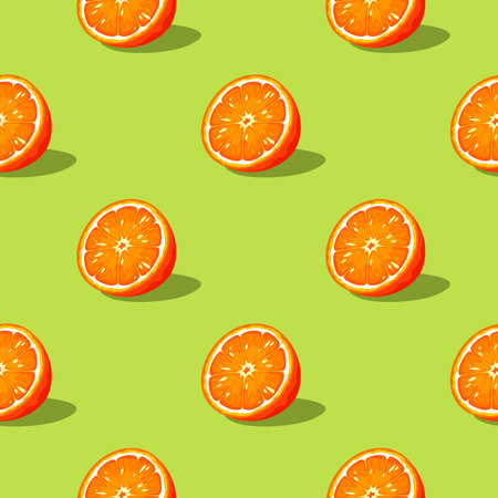 Seamless pattern with orange fruit halves on a green background. Vector seamless background
