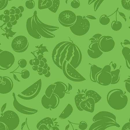 Seamless pattern with various fruit silhouettes. Green seamless backgroundのイラスト素材