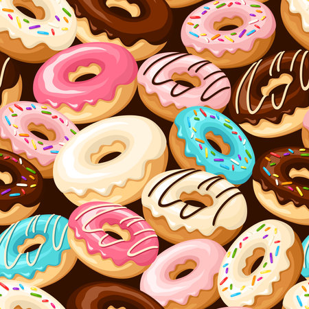 Seamless pattern with colorful donuts on a brown background. Vector illustrationのイラスト素材