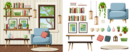 Living room interior design with a blue armchair, bookshelves, a window, and hanging lamps. Furniture set. Interior constructor. Cartoon vector illustrationのイラスト素材