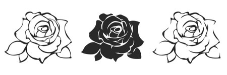 Rose flowers isolated on a white background. Roses tattoo design. Set of vector black and white illustrationsのイラスト素材