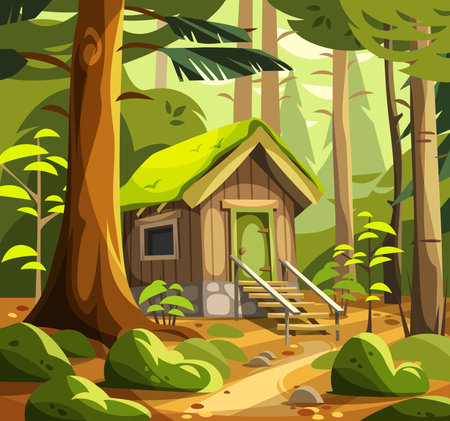 Wooden cabin in a green forest. Cartoon vector illustrationのイラスト素材