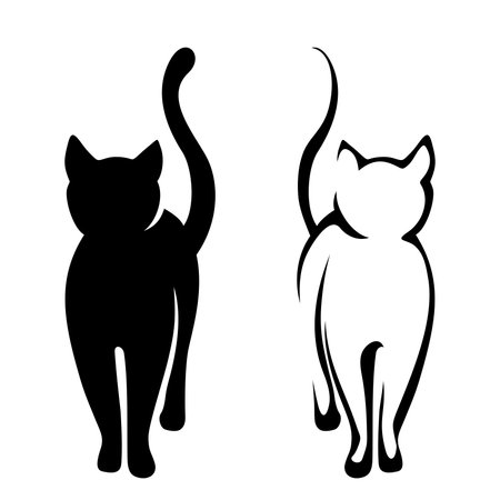 Cats. Black silhouette and contour drawing of a cat isolated on a white background. Vector illustrationsのイラスト素材
